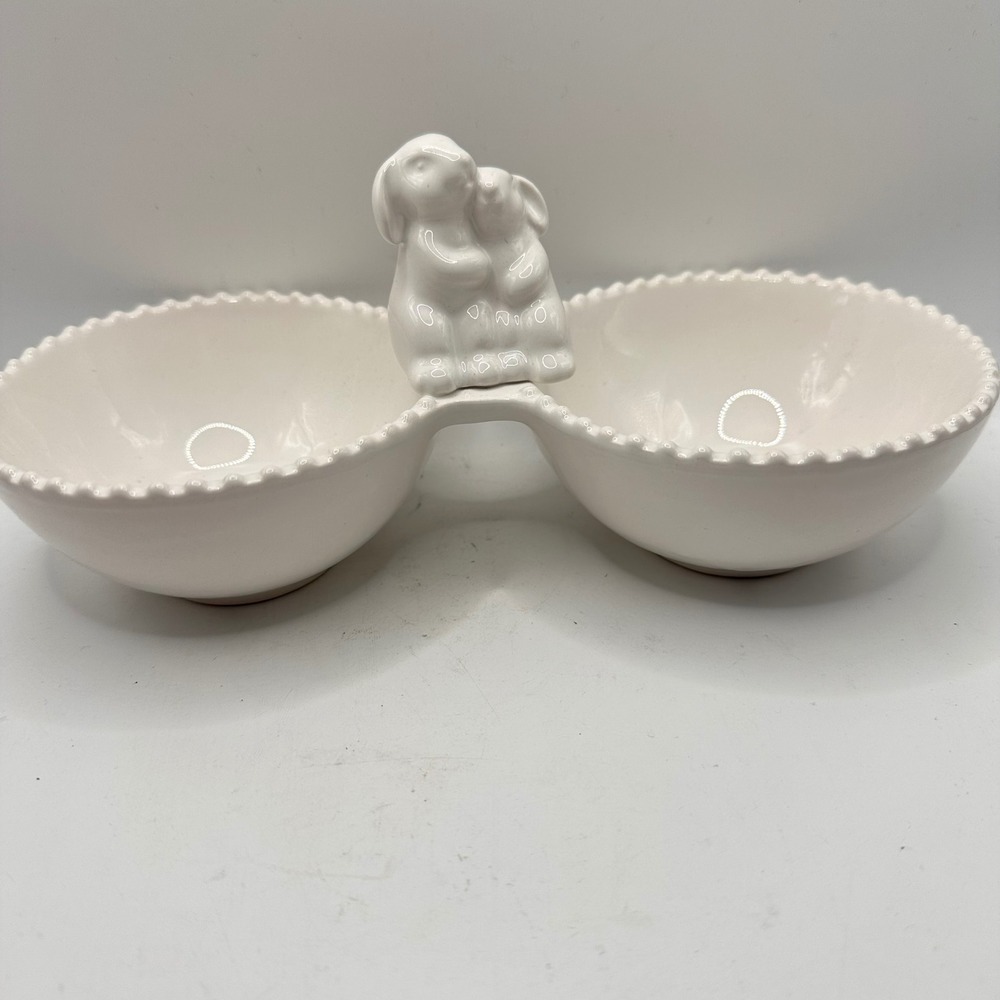 Celebrate It White Ceramic Bunny Nut Candy Dish Beaded Rim Easter Dip Bowls